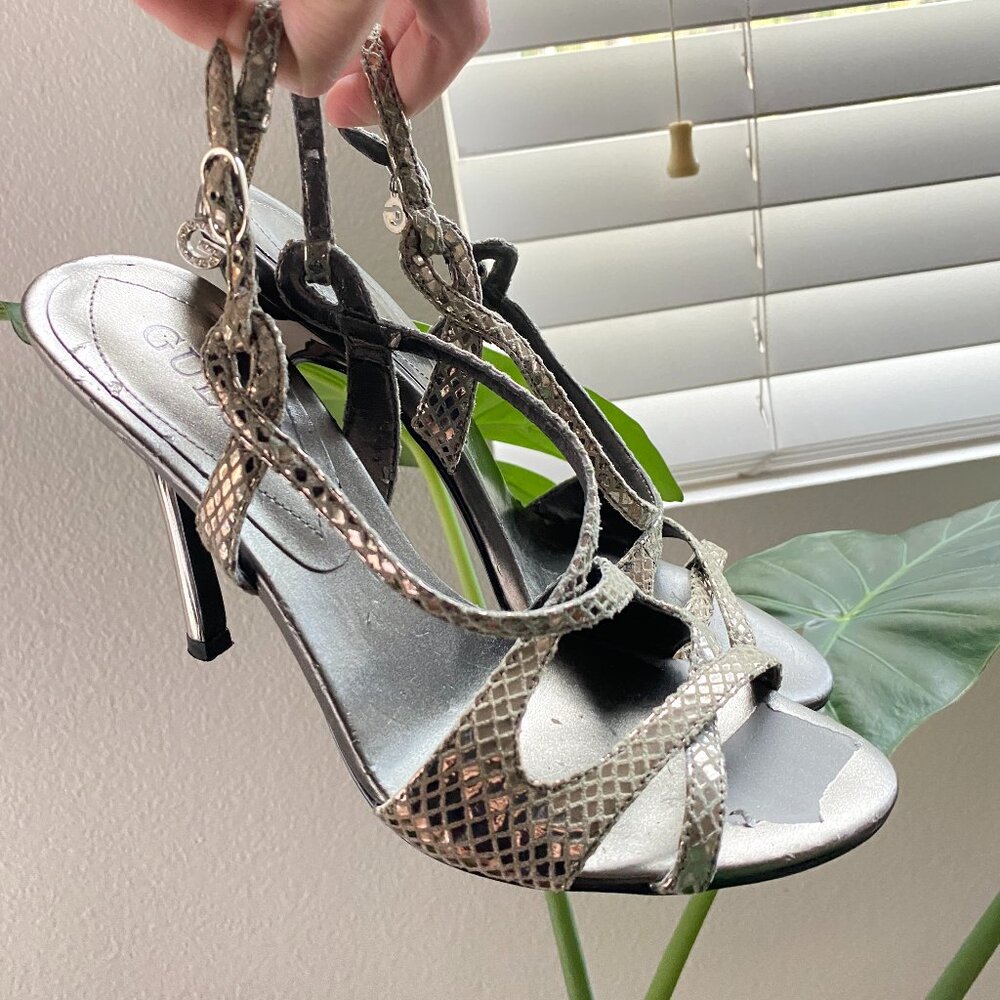 Vintage Guess Metallic Silver Snake Print Strapy Heels
